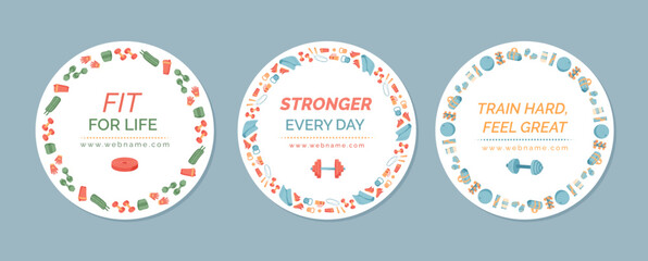 Flat sport equipment banner frame set. Gym accessories and fitness tools displayed in a minimal set. Perfect for workout themes, training concepts, and healthy strength lifestyle. Bold background with