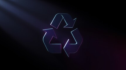 Recycling Symbol Under Spotlight: A sleek, three-dimensional recycling symbol made of glossy, translucent material, dramatically lit by a spotlight from above against a dark background.