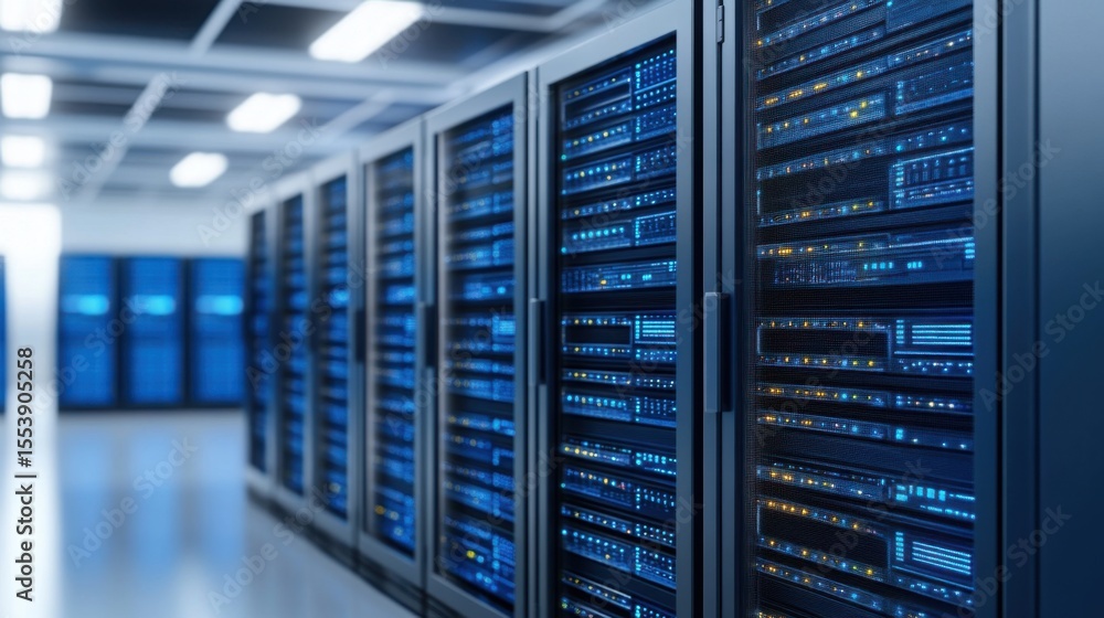 Aufkleber modern data center with high-tech server racks and cooling system in blue light