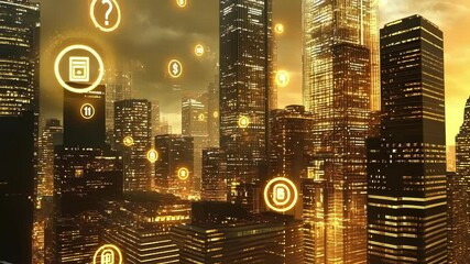 Futuristic cityscape at night with illuminated skyscrapers and digital numbers and question marks floating in the air, creating a mysterious and technological atmosphere - Powered by Adobe