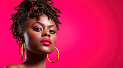 A striking beauty portrait of a confident woman against a vibrant pink background, showcasing her unique style and bold makeup that highlights her features and expression.