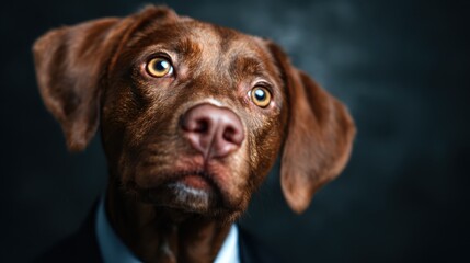 A charming portrait of a thoughtful dog dressed in a suit, capturing a unique blend of personality and style, with eyes that express emotion and connection to human experience.