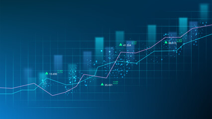 Abstract digital financial chart with line and bar graphs, glowing effects, and data points. Perfect for fintech, analytics, stock market, investment, and economic presentations.