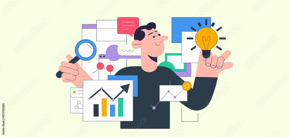 Poster digital marketer with a lightbulb and magnifying glass analyzing data, vector illustration for creat