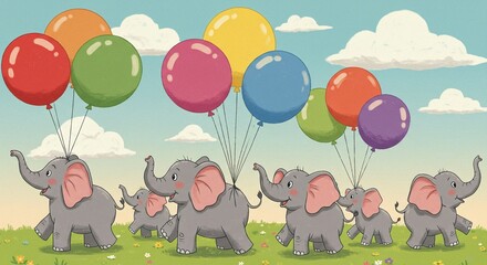 A cheerful cartoon illustration of a parade of gray elephants with pink ears carrying colorful balloons in a sunny meadow.