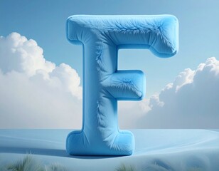 LETTER F SCULPTED FROM SOFT, plush blue fabric