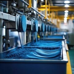 Eco textile manufacturing system showing closed-loop water processes, natural dye vats, low-emission machinery, biodegradable fabrics, and sustainable garment production flow