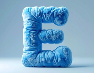 LETTER E SCULPTED FROM SOFT, plush blue fabric, isolated in blue background