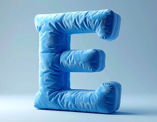LETTER E SCULPTED FROM SOFT, plush blue fabric, isolated in blue background