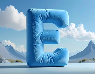 LETTER E SCULPTED FROM SOFT, plush blue fabric, FLOATING IN MIDAIR