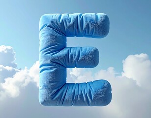 LETTER E SCULPTED FROM SOFT, plush blue fabric, FLOATING IN MIDAIR