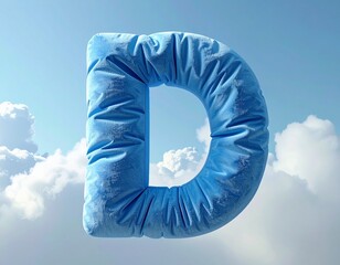 LETTER D SCULPTED FROM SOFT, plush blue fabric, FLOATING IN MIDAIR