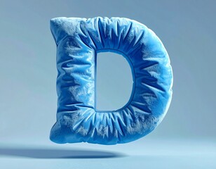 LETTER D SCULPTED FROM SOFT, plush blue fabric, floating in the midair