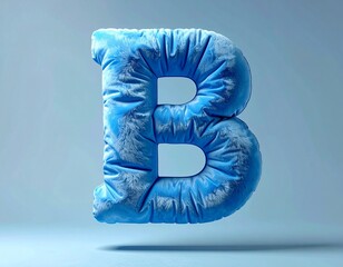 LETTER B SCULPTED FROM SOFT, plush blue fabric, floating in the midair