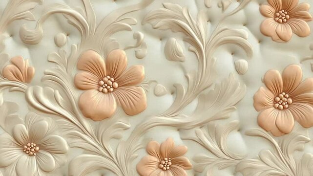 Elegant 3D Floral Carving with Beige Marble Texture 4K Luxury Wall Decor Animation