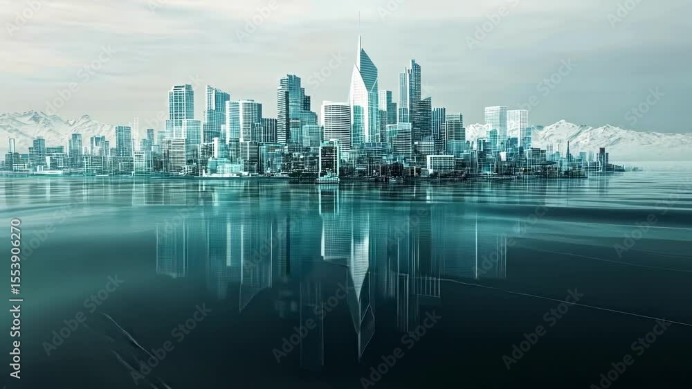 Aufkleber layers of transparent graphs and charts rise out of a submerged metropolis illustrating the struggle