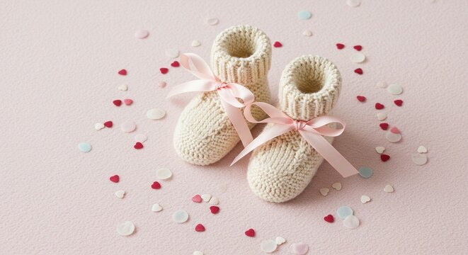 Charming knitted baby booties with delicate pink ribbons amidst confetti on a soft pink background, ready for baby