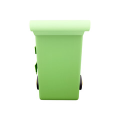A green trash bin designed for waste disposal, featuring wheels for mobility and a lid for covering contents.