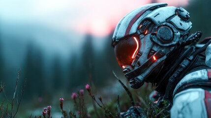 A futuristic soldier adorned in high-tech armor studies the surrounding wilderness, merging the themes of technology, nature, and exploration in a visually striking manner.