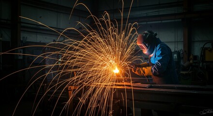 Welder at work, producing shower of orange sparks against a dark background. Professional in protective gear.