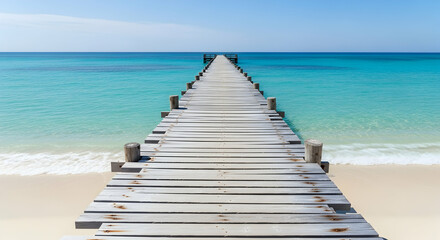 Obraz premium Wooden Pier Extending into Turquoise Sea under Clear Sky - wallpaper background