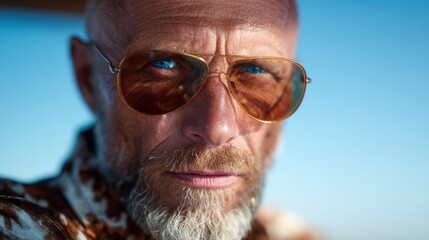 A striking close-up of a bald man wearing stylish sunglasses and a patterned shirt, staring intensely at the viewer against a clear blue background. Captivating and bold, this image stands out.