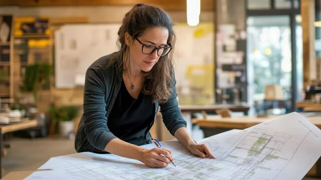 Architect Woman Inspecting and Marking Revisions on a Large Blueprint