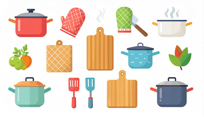 A colorful flat-style illustration of various cooking pots, wooden cutting boards, oven mitts, spatulas, and vegetables, suggesting a kitchen setting