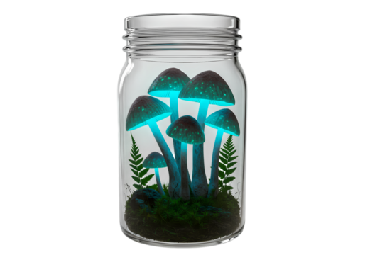 Enchanted Terrarium Glowing Fungi in a Glass Jar isolated on transparent background