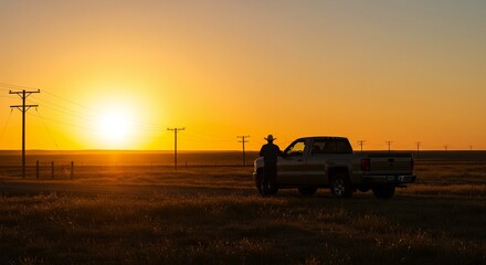 A lone cowboy leans against his pickup truck, silhouetted against a vibrant sunset in an open field.