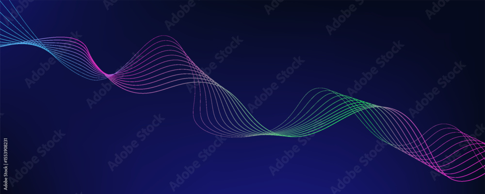 Poster abstract glowing wave lines on dark blue background. dynamic wave pattern. modern flowing wavy lines