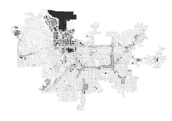 El Cajon black and white map showcasing highways and buildings. Clean vector design, focused on road networks and city structures for monochrome visualization or print.