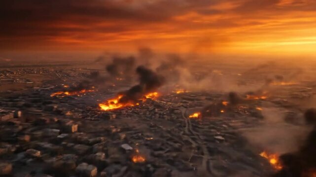 Aerial view of a city destroyed by fire and smoke
