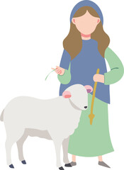 Illustration of Woman with Sheep in Gentle Pastoral Scene