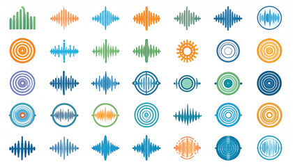 A collection of 30 colorful abstract sound wave and concentric circle icons, featuring various styles and color palettes