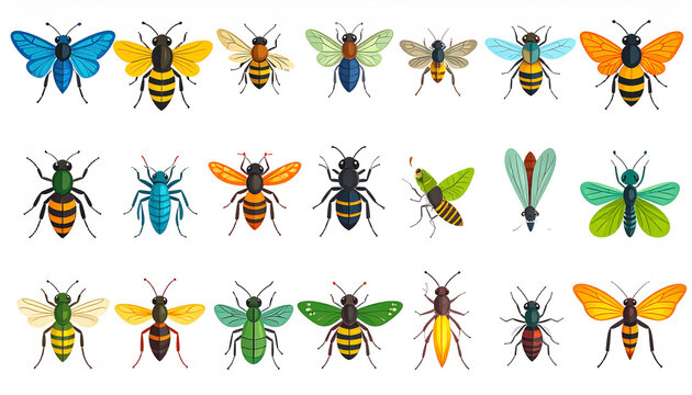 A vibrant collection of stylized insects, primarily bees and butterflies, showcasing diverse colors and wing patterns against a white backdrop. They are depicted from a top-down perspective,