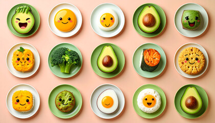 Cheerful arrangement of food items on plates, featuring avocados, eggs, broccoli, and other produce with cute cartoon faces, displayed on a pink background in a grid pattern