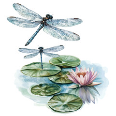 Dragonflies Hovering Summer Pond, watercolor drawing vector, isolated on a white background. © AMIDCO