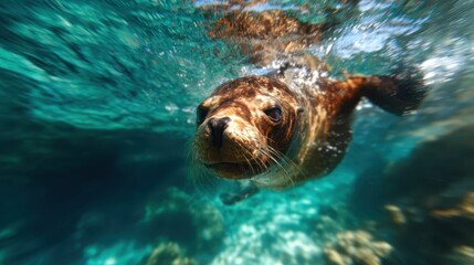 Obraz premium A curious seal swims gracefully underwater, showcasing its expressive face and whiskers, surrounded by vibrant turquoise waters and captivating aquatic life, creating a serene scene.