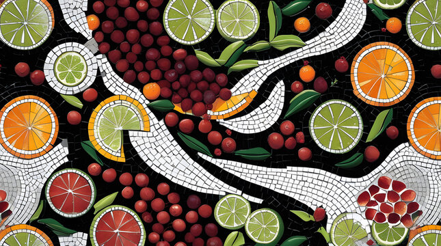 Abstract mosaic pattern with fruit moti seamless background with fruits.