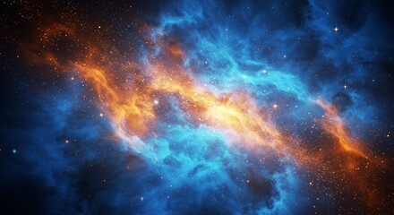Abstract cosmic artwork featuring vibrant blue and fiery orange nebula formations