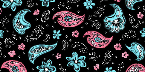 Naklejka premium A colorful modern illustration of a flower pattern with abstract mandalas and paisley, perfect for use on wallpaper, backgrounds, carpets, textiles, clothing items, wrapping paper, batik designs, and