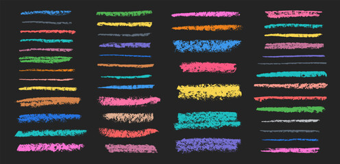 Chalk grunge strokes and borders set. Colorful chalk sketches. Grunge strokes and lines collection. Chalkboard hatches and scribbles.