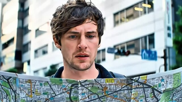 A lone traveler stands at a bustling foreign intersection, holding a large, slightly crumpled map. They glance around with a confused expression, trying to match the streets to what&rsquo;s shown on the pap