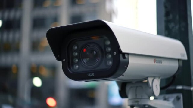 Close up of a white security camera mounted outdoors with blurred city background view