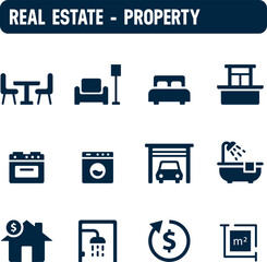 Real estate icons. Property vector set. Filled icon design. Rooms and house for sale.