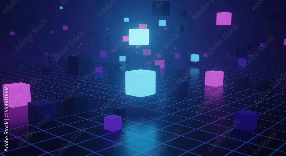 Poster abstract glowing cubes background with grid lines and neon colors for technology concept design use