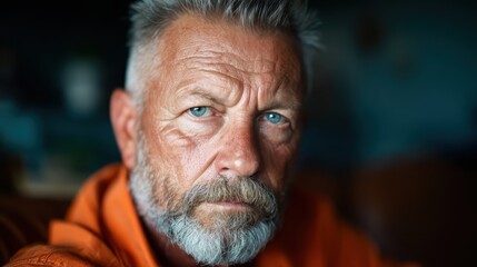 A mature man with a distinguished salt-and-pepper beard gazes intently, showcasing wisdom and experience, reflecting deeper thoughts and strong character in an artistic portrait.