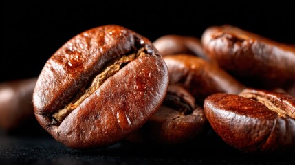 An artistic close-up of freshly roasted coffee beans, showcasing their rich brown color and glossy surface, emphasizing the allure and depth of flavor in each bean.