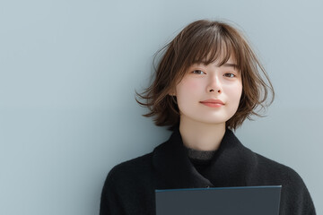 young Japanese woman with short hair smiling confidently indoors